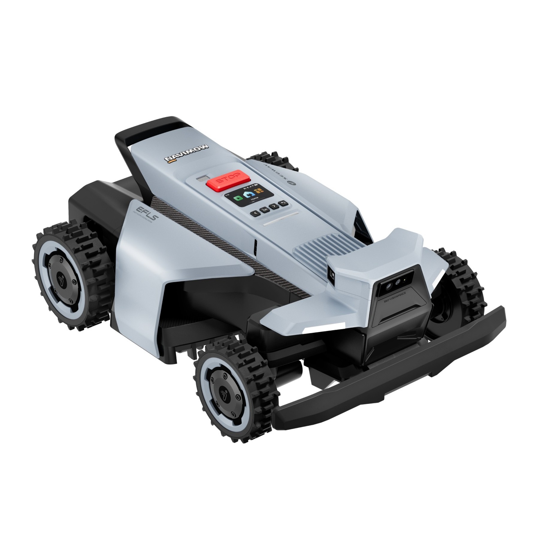 Render oficial de Navimow X4 con cuatro ruedas y carcasa gris y naranja.