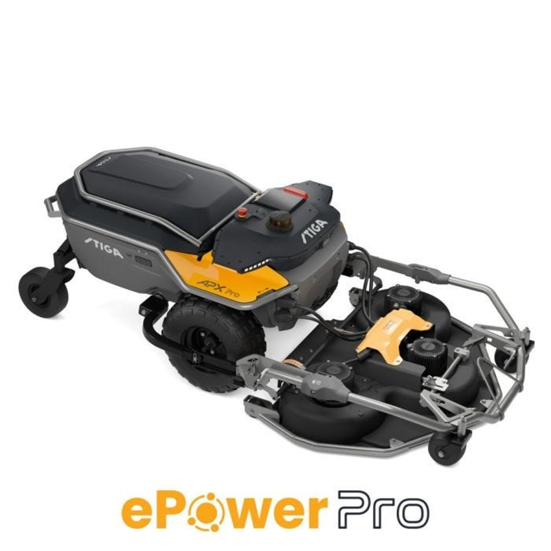 Render oficial del cortacésped profesional STIGA APX Pro con plataforma frontal de corte.