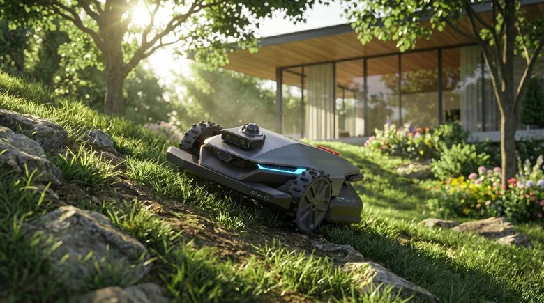 Imagen promocional del Sunseeker S5 LiDAR negro y gris sobre el césped de un jardín, con el sensor circular elevado.