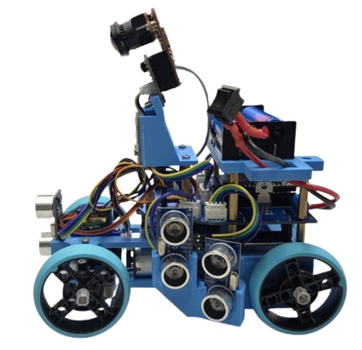 Fotografía del equipo Superiores de su coche robot completo, con chasis azul impreso, cuatro ruedas y cámara elevada.