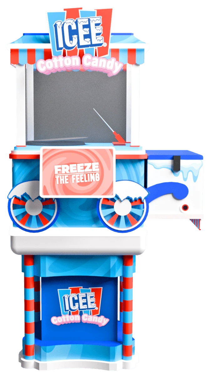 Imagen de la máquina compacta de algodón de azúcar Sweet Robo con decoración ICEE, recipiente abierto y pantalla superior.