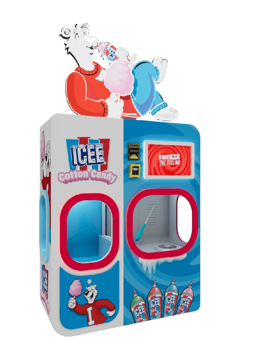 Imagen de la máquina ICEE Cotton Candy de Sweet Robo, con cabina cerrada roja y azul, pantalla de pago y mascota de oso polar encima.