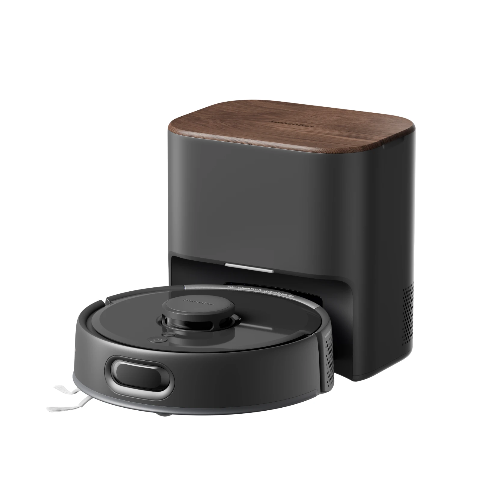 Render oficial del SwitchBot K11+ Pro negro junto a su estación compacta de autovaciado.
