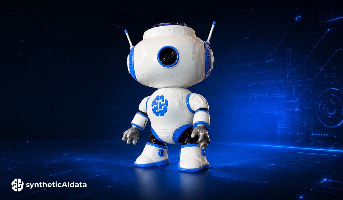 Imagen promocional oficial de JBR-001 completo, con cuerpo blanco y azul, cabeza con cámara y brazos, sobre fondo azul.