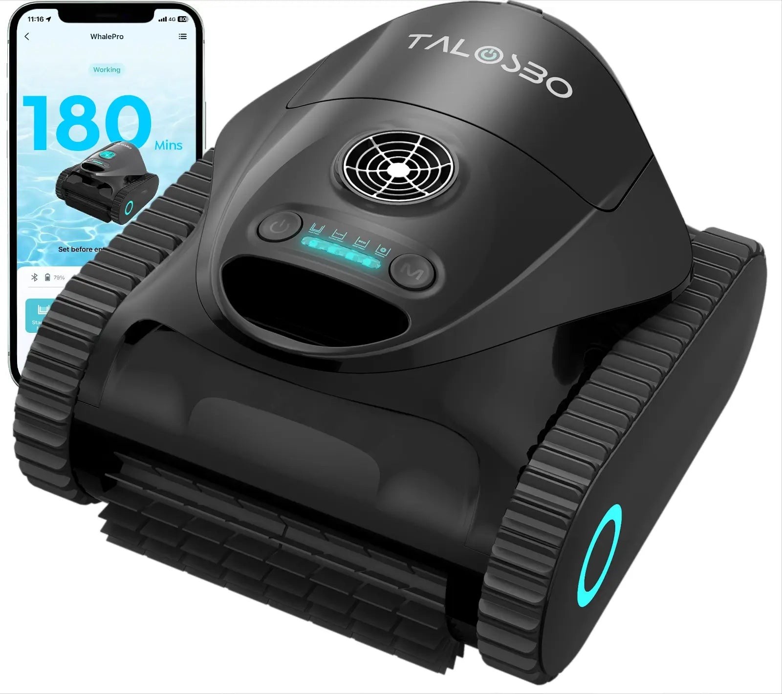 Render promocional oficial de Talosbo C1 completo, con orugas y carcasa oscura, junto a un teléfono que muestra la aplicación.