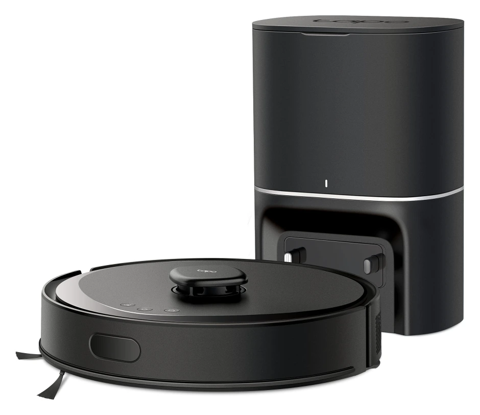 Tapo RV30 Max Plus negro delante de su base de vaciado.