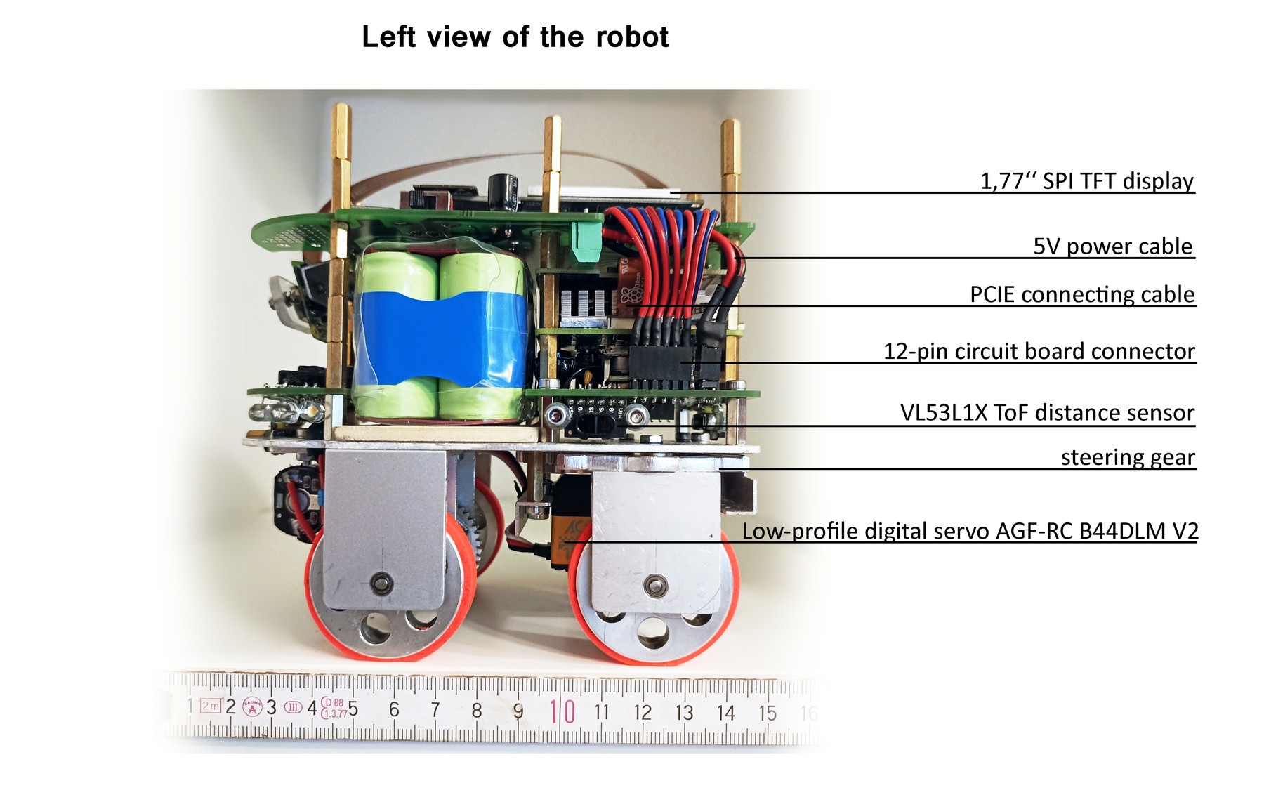 Fotografía anotada del Team TerraForces de su robot completo visto de lado, con ruedas rojas, plataformas y electrónica propia.