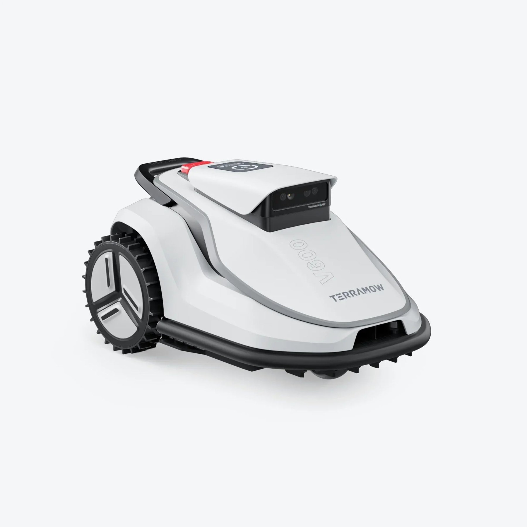 Render oficial del TerraMow V600 con cámaras frontales y carcasa blanca y negra.