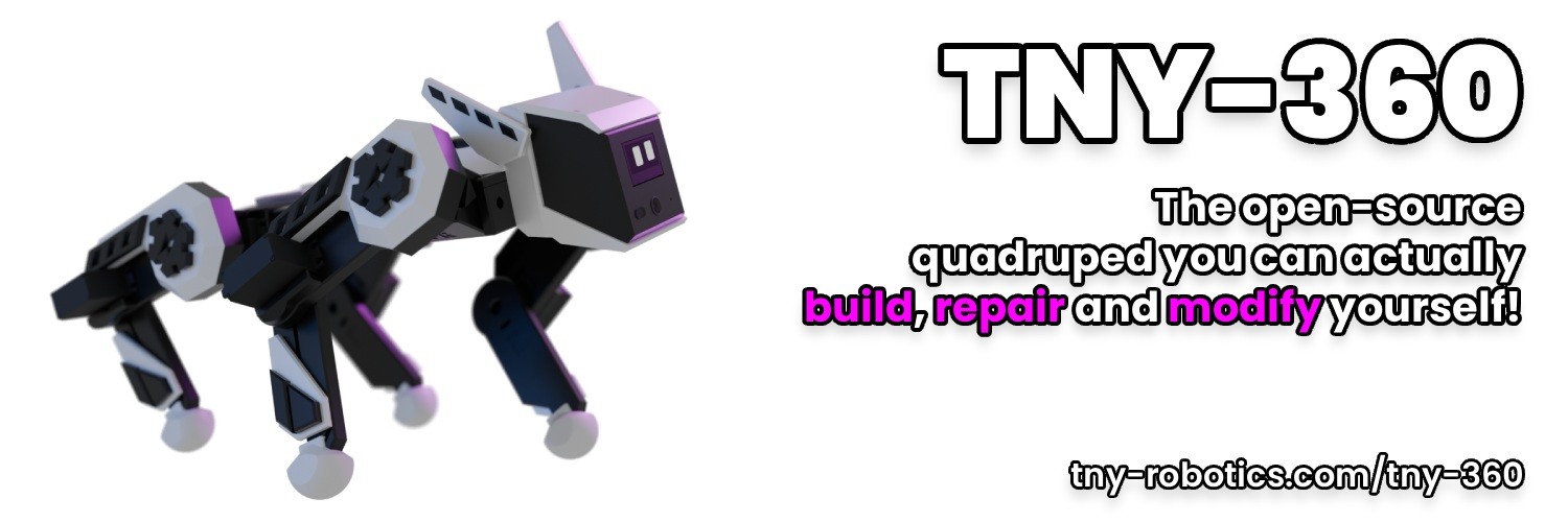Render promocional oficial de TNY-360 completo, con cuatro patas articuladas y cabeza con pantalla, junto al logotipo del proyecto.