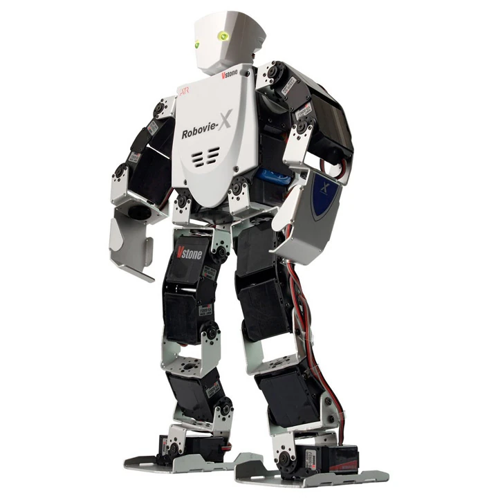 Robovie-X de Vstone de cuerpo entero, con estructura negra y carcasa blanca.