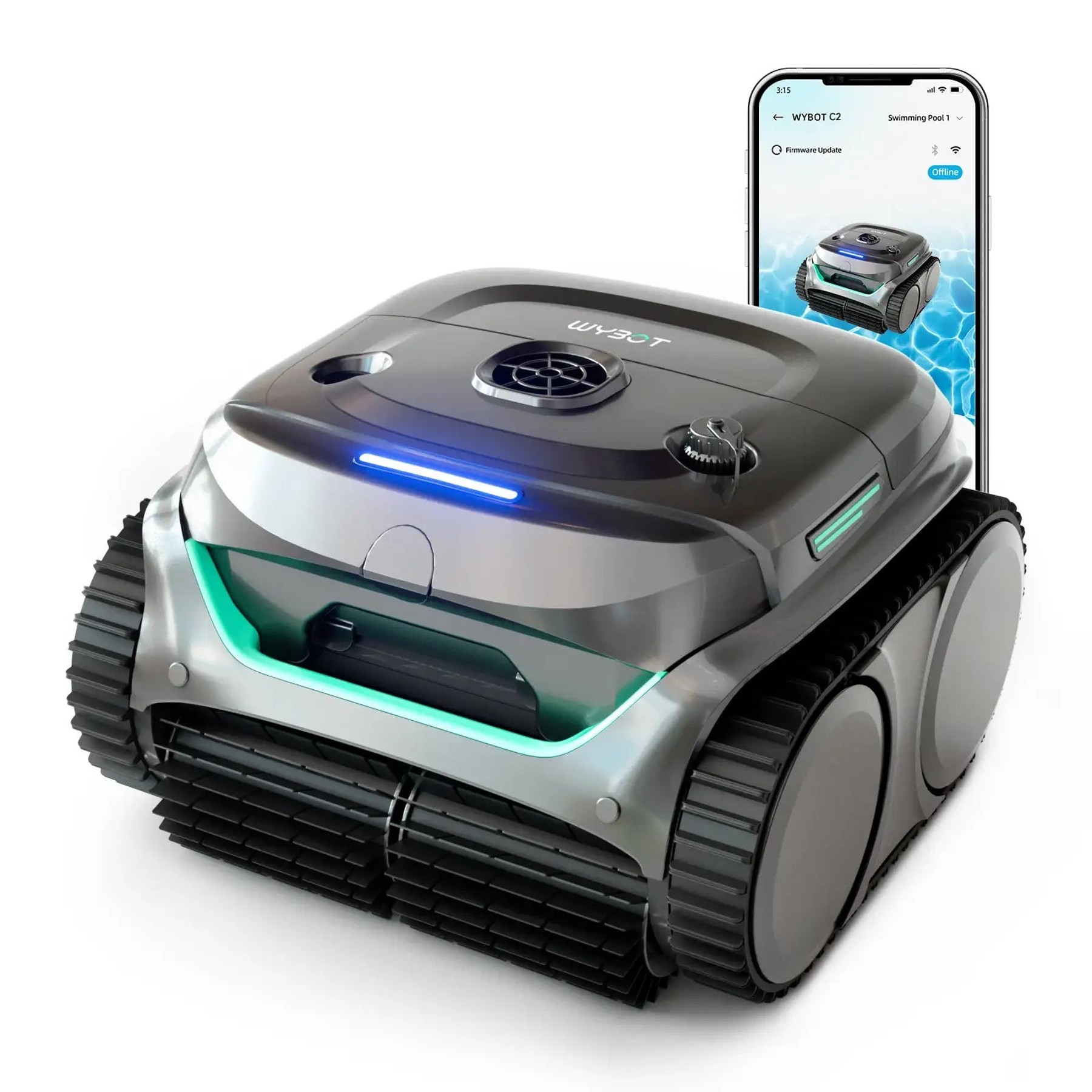 Render oficial de WYBOT C2 completo junto a una pantalla de su aplicación.