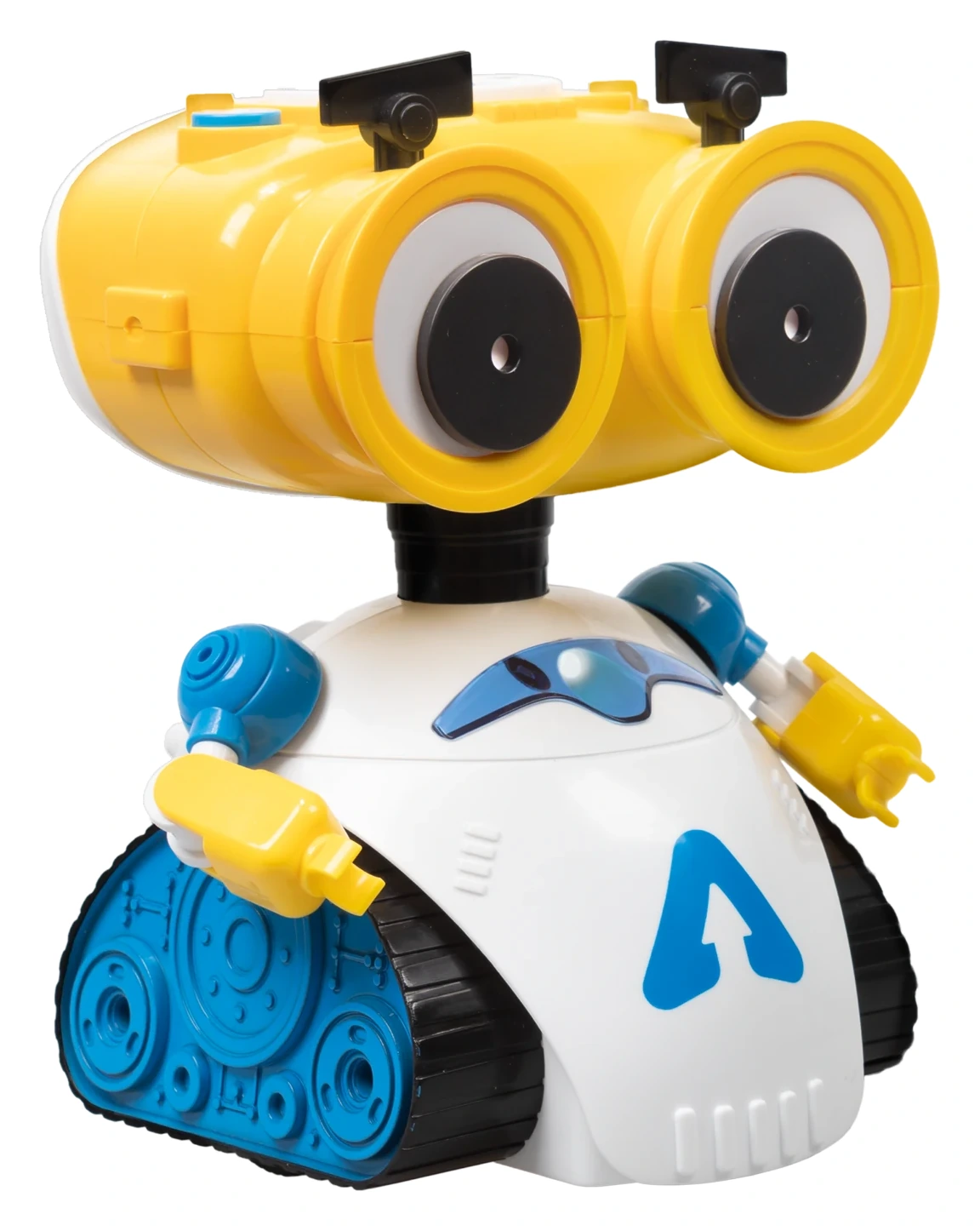 Andy de Xtrem Bots con cabeza amarilla y cuerpo blanco y azul.