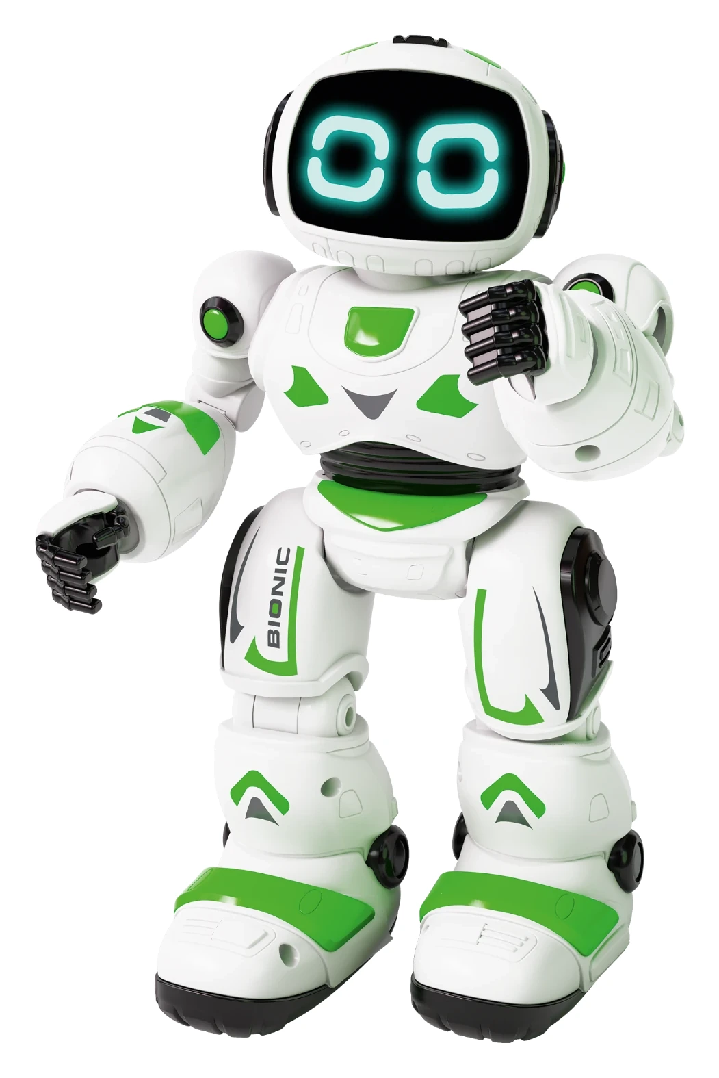Bionic de Xtrem Bots, blanco y verde, con ojos luminosos.