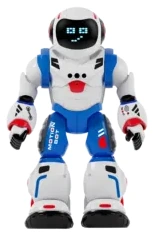 Bruce Bot blanco y azul con detalles rojos y rostro LED.
