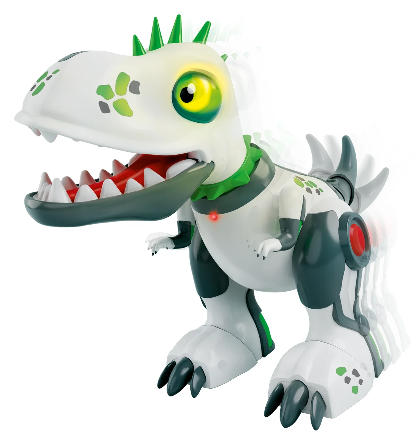 DinoPunk blanco y verde con mandíbula abierta y cola articulada.