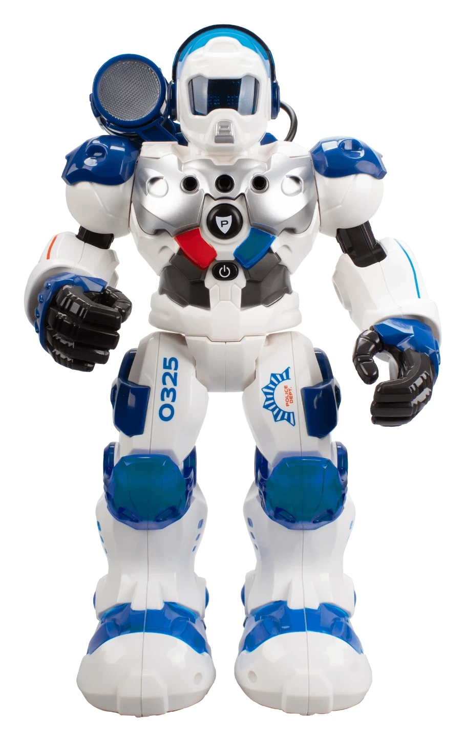 Patrol de Xtrem Bots, blanco y azul, con linterna en un brazo.