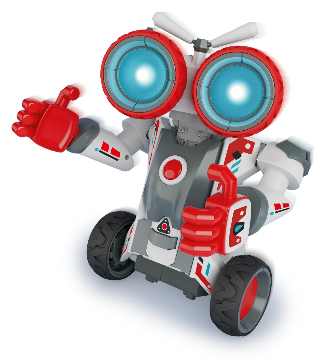 Sam Bot de Xtrem Bots montado, con dos grandes ojos luminosos y ruedas.