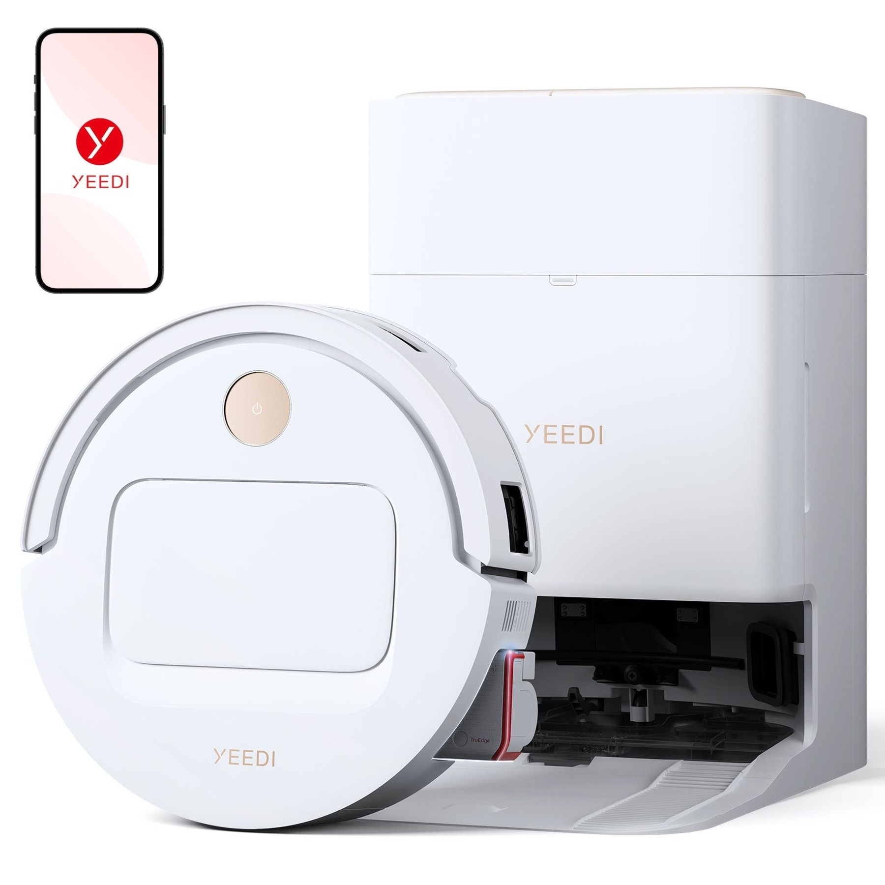 Render oficial de YEEDI M14 PLUS con su estación y una pantalla de control.