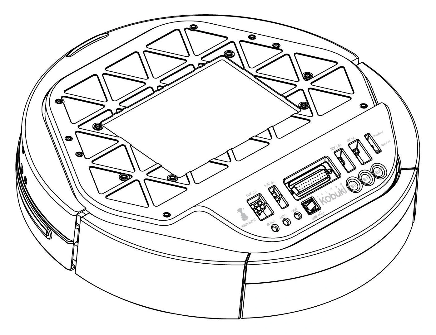Dibujo técnico de la vista superior de la base móvil Kobuki.