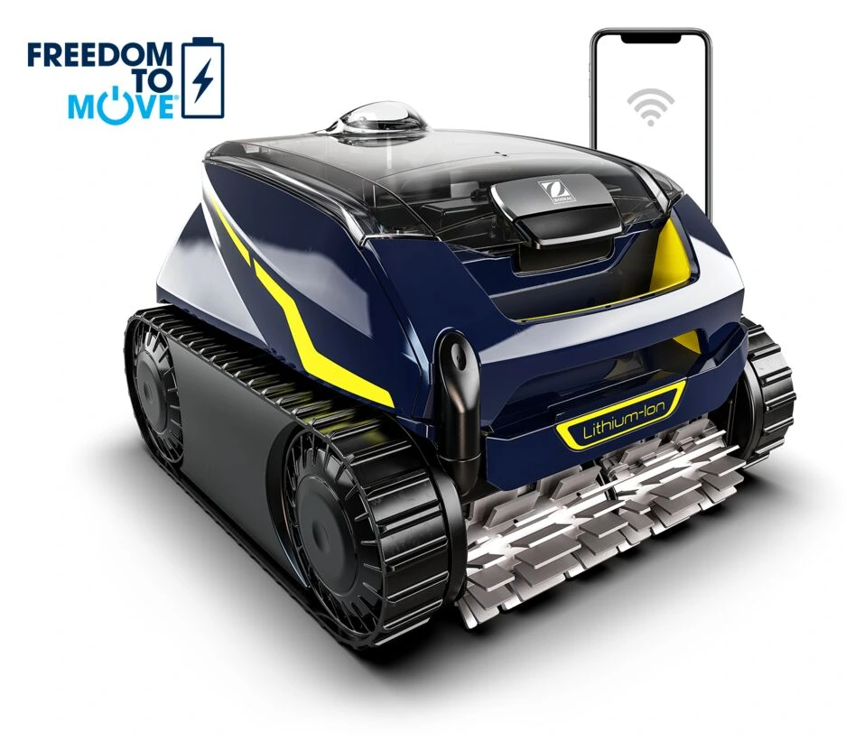 Zodiac Freerider RF 5400 iQ azul y amarillo con cepillos frontales.